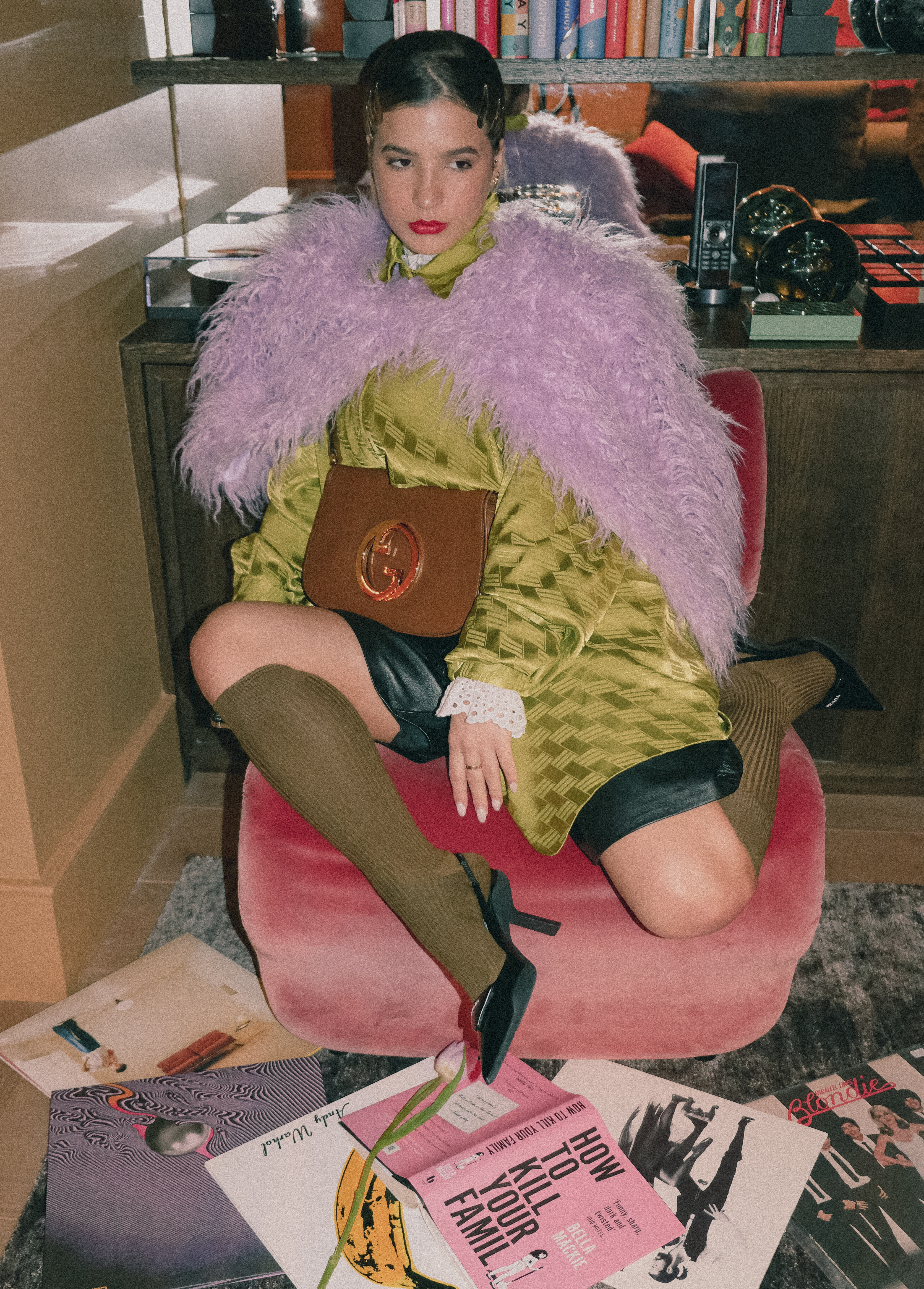 Non-Conformist — wide look, pink chair and records