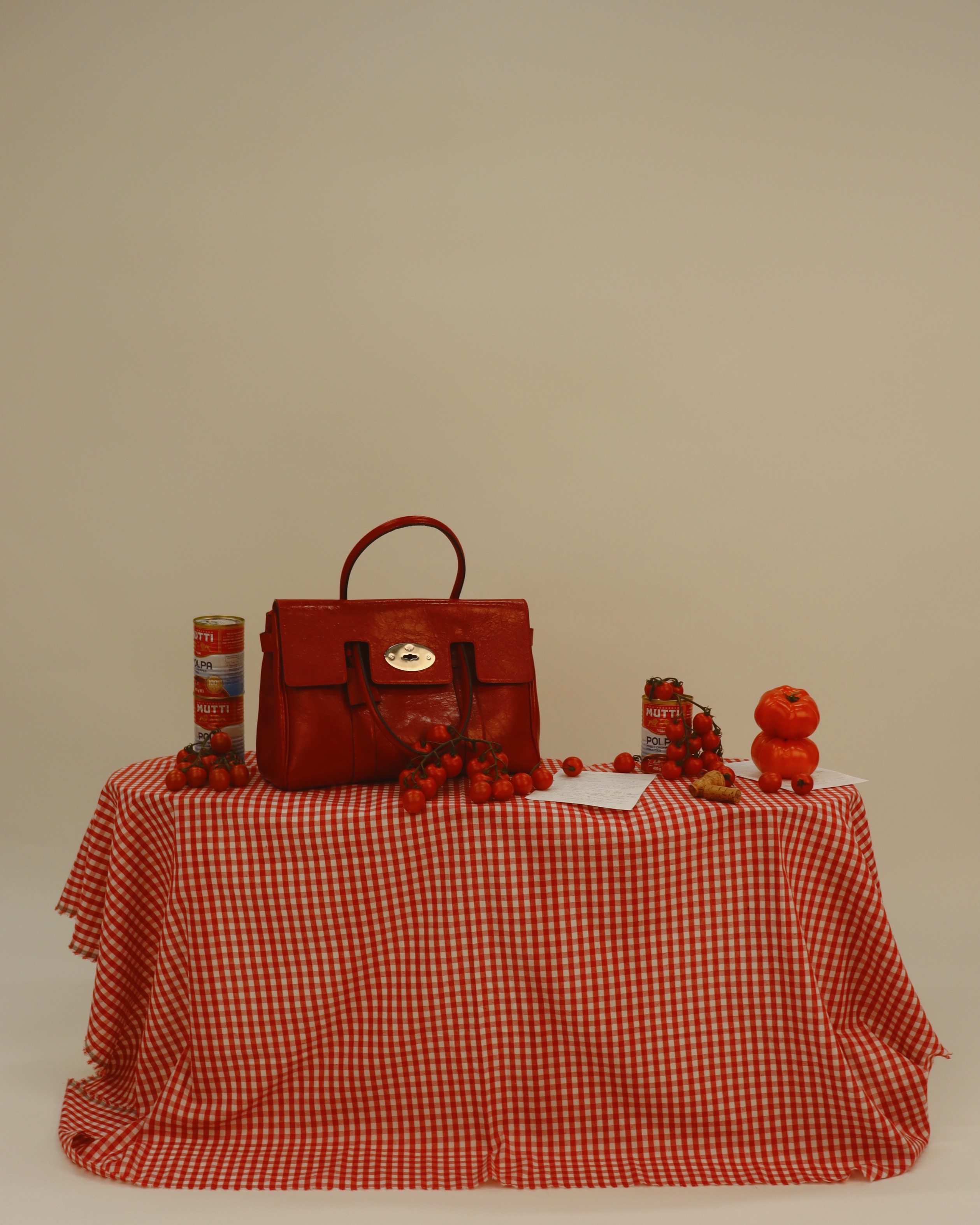 Back to Our Roots — Mulberry bag on gingham table with heirloom tomatoes