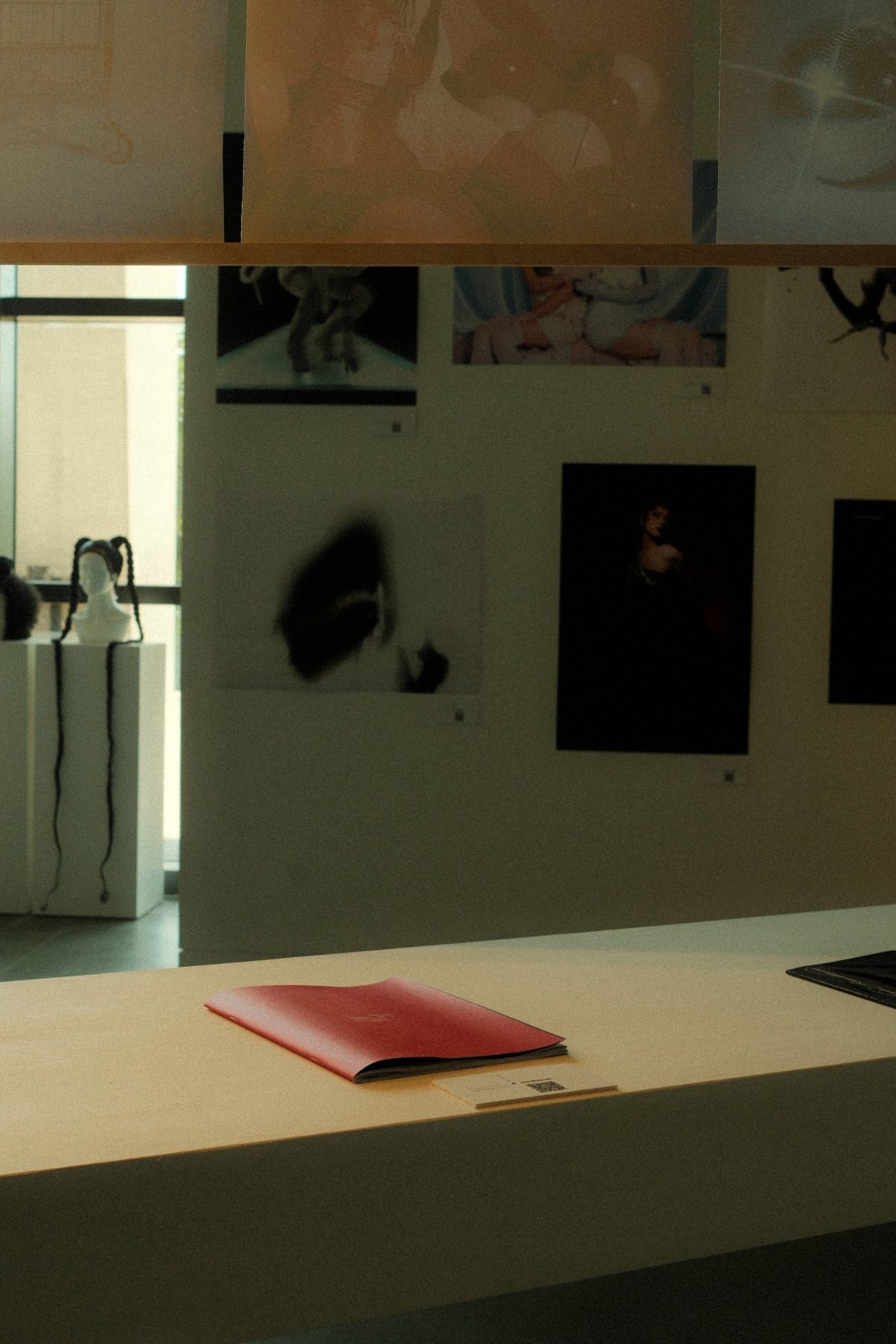 The zine on the display table, with other graduates' work on the walls behind