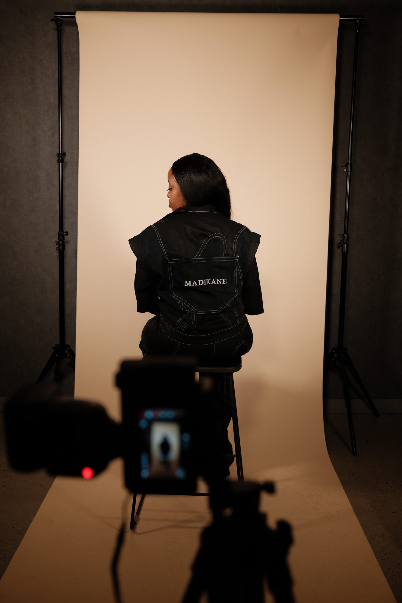 Mihlali Madikane's jacket, photographed from behind in the studio