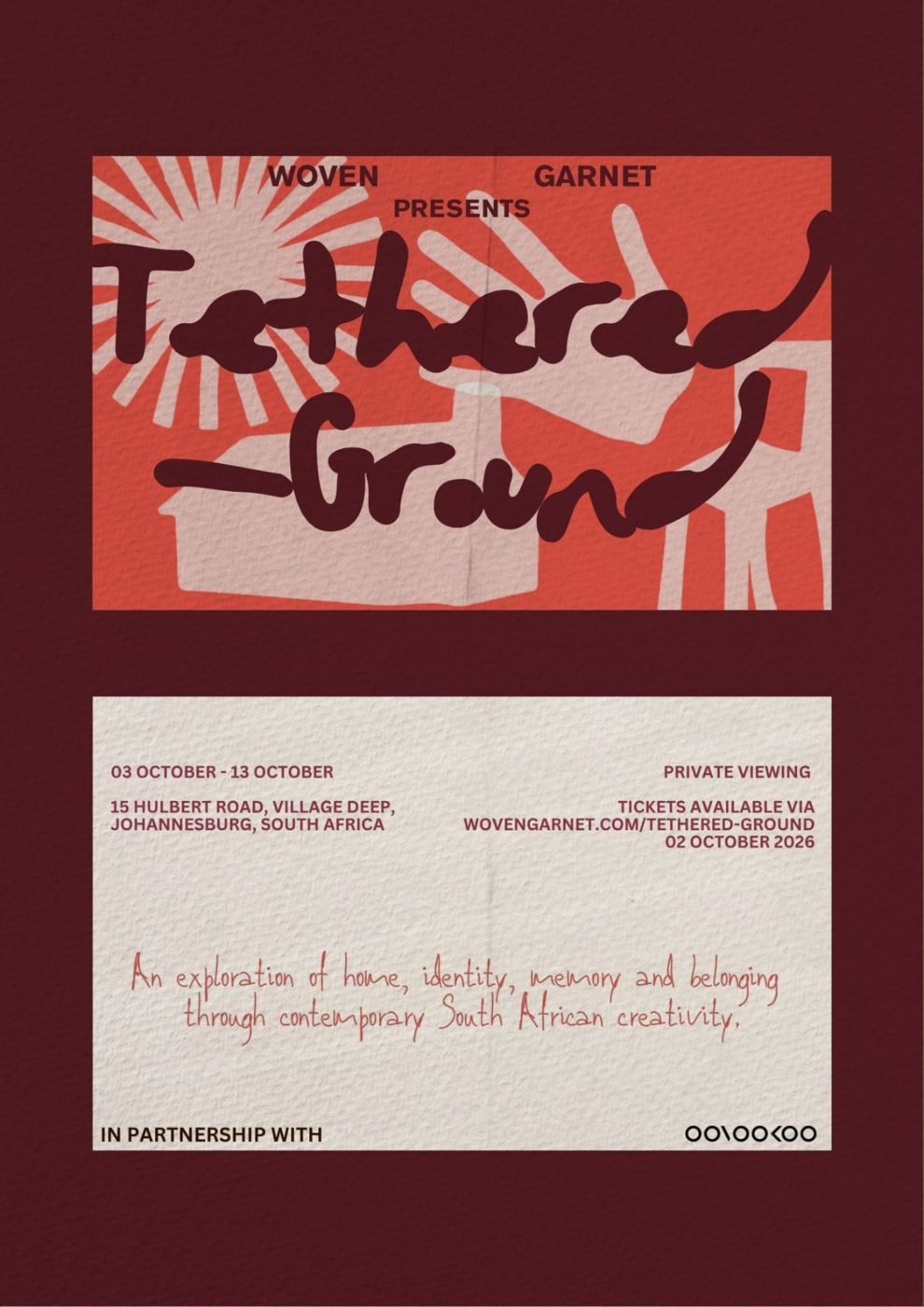 Tethered Ground invitation: hand-drawn lettering over a coral print of a sun, a house and a hand