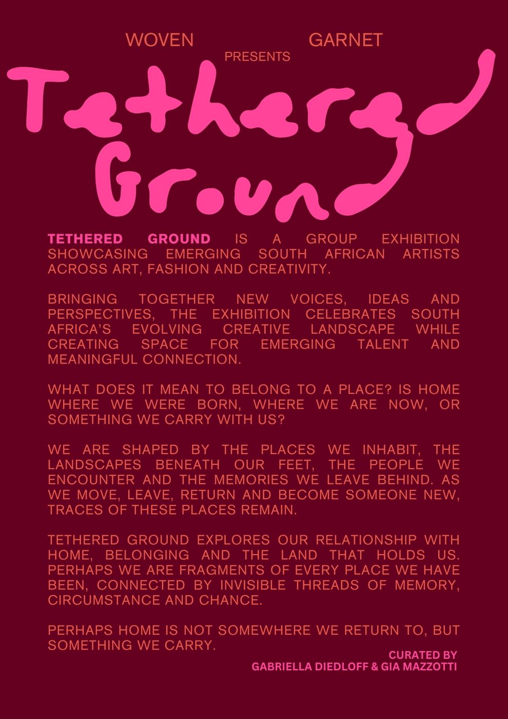 Curatorial statement poster in pink on burgundy