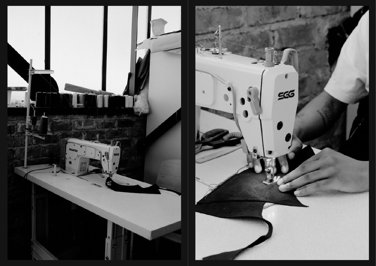 Spread from A Colourful Presence in a Monotonous Environment: black and white photographs of a designer at a sewing machine